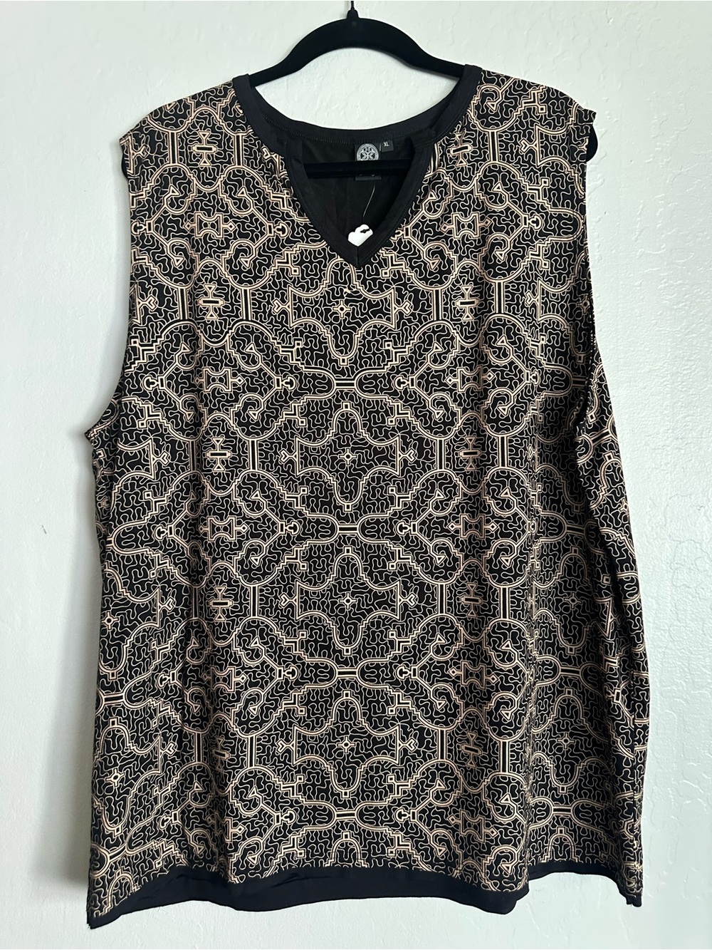 Black & Tan Patterned V-Neck Sleeveless Dress